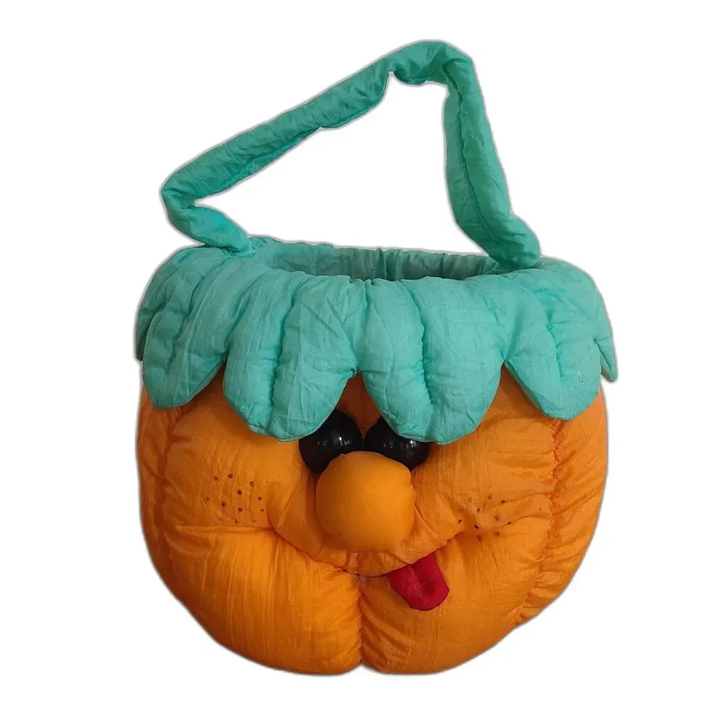 Vintage 1993 Pumpkin Pail Basket Trick Or Treat Nylon Plush Halloween Decor
